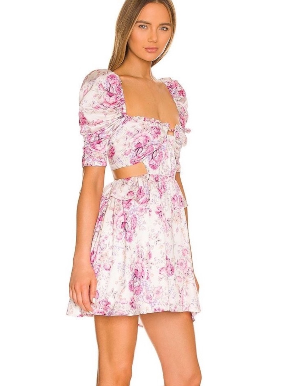 For Love & Lemons Lucia Pink Floral Cutout Puff-Sleeve Mini Dress